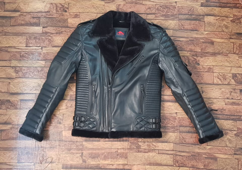 Black Cow Leather Jacket By TAURUS LEATHER with Black Accents & Faux Sheep Shearling Lining
