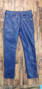 Rebel/Rocker Vibe TAURUS LEATHER - Badass Blue Cowhide Pants With Gold-Stitched 501 Cut