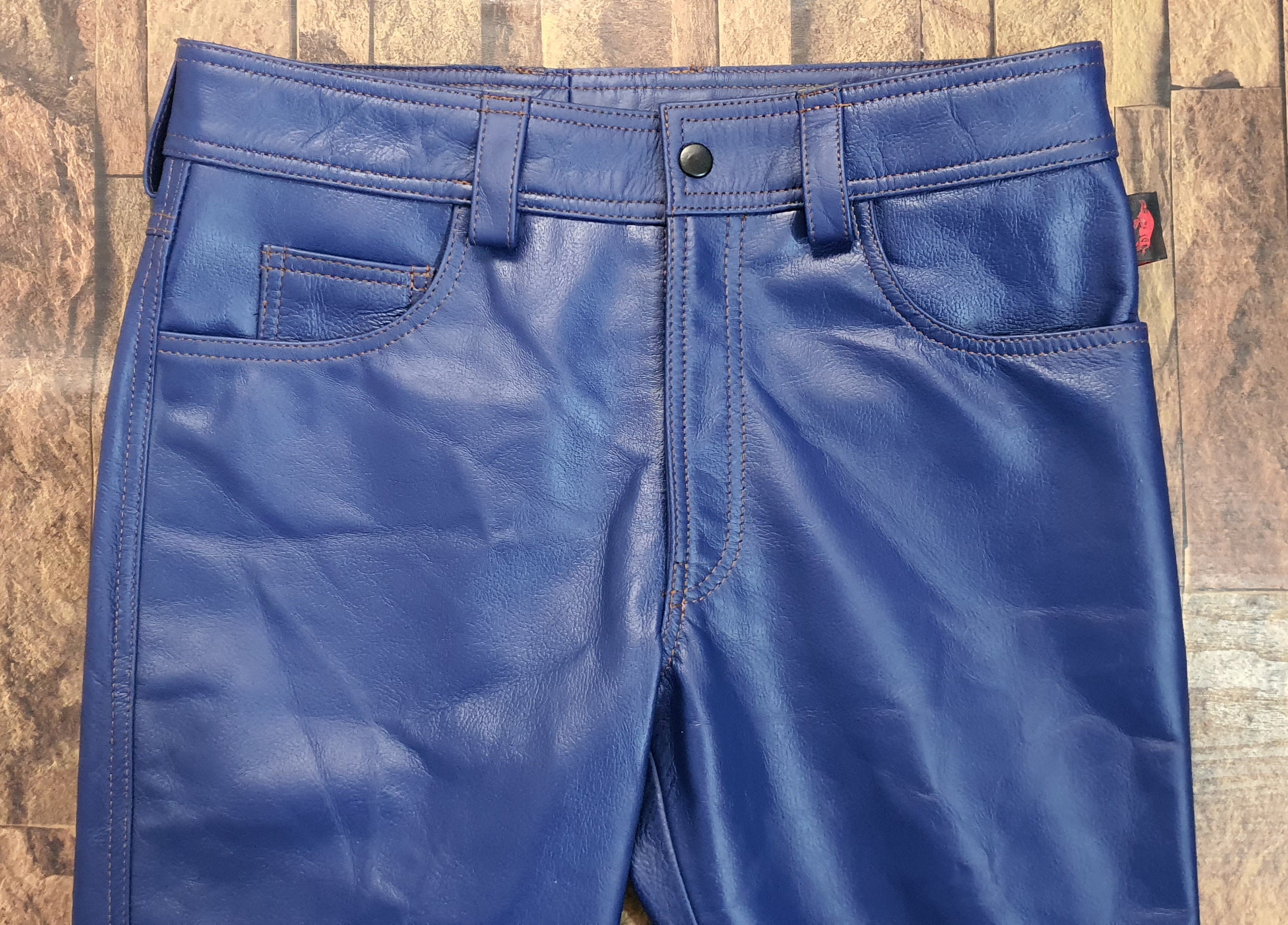 Rebel/Rocker Vibe TAURUS LEATHER - Badass Blue Cowhide Pants With Gold-Stitched 501 Cut