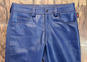 Rebel/Rocker Vibe TAURUS LEATHER - Badass Blue Cowhide Pants With Gold-Stitched 501 Cut