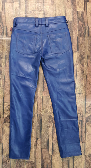 Rebel/Rocker Vibe TAURUS LEATHER - Badass Blue Cowhide Pants With Gold-Stitched 501 Cut