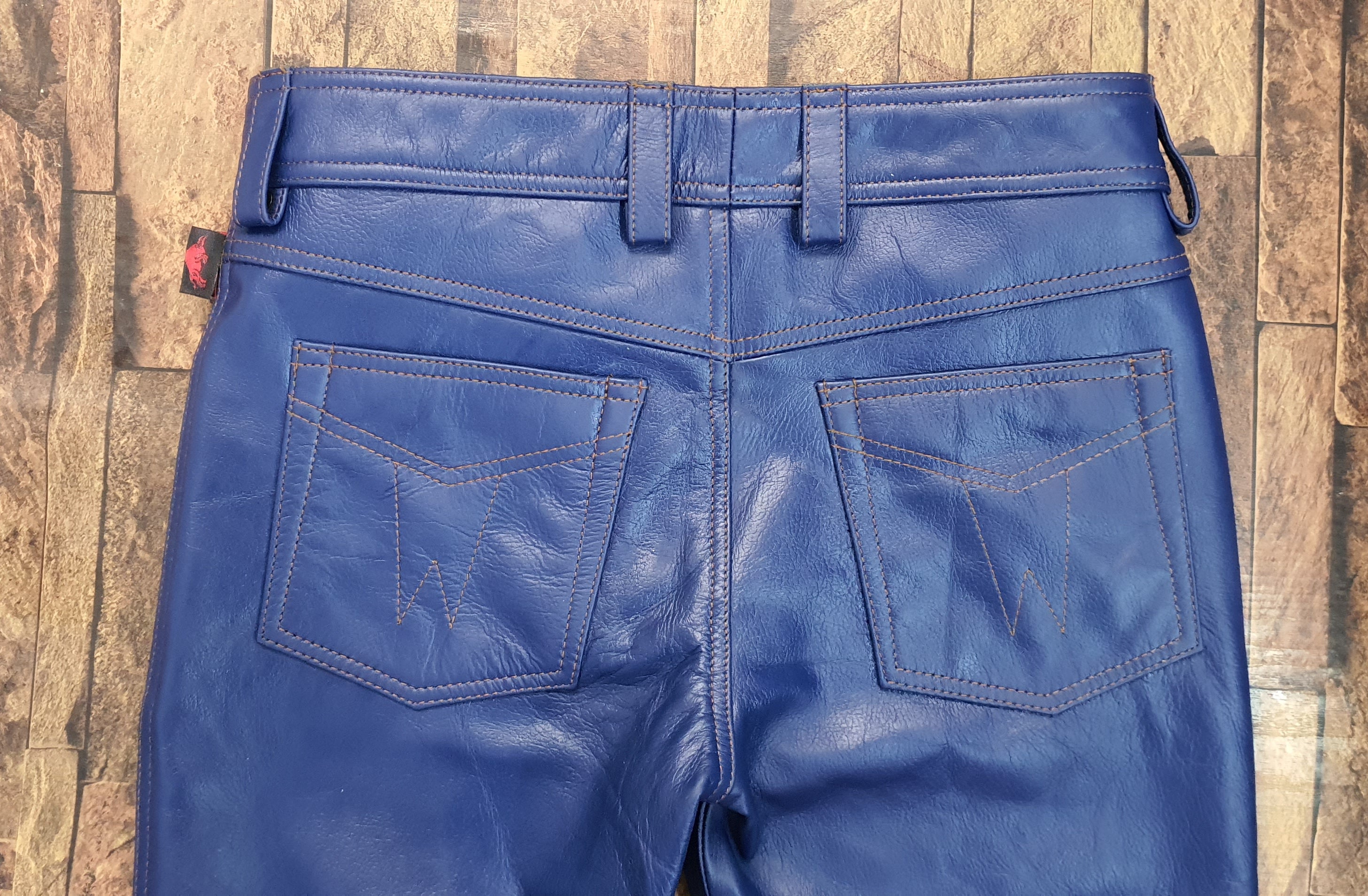 Rebel/Rocker Vibe TAURUS LEATHER - Badass Blue Cowhide Pants With Gold-Stitched 501 Cut
