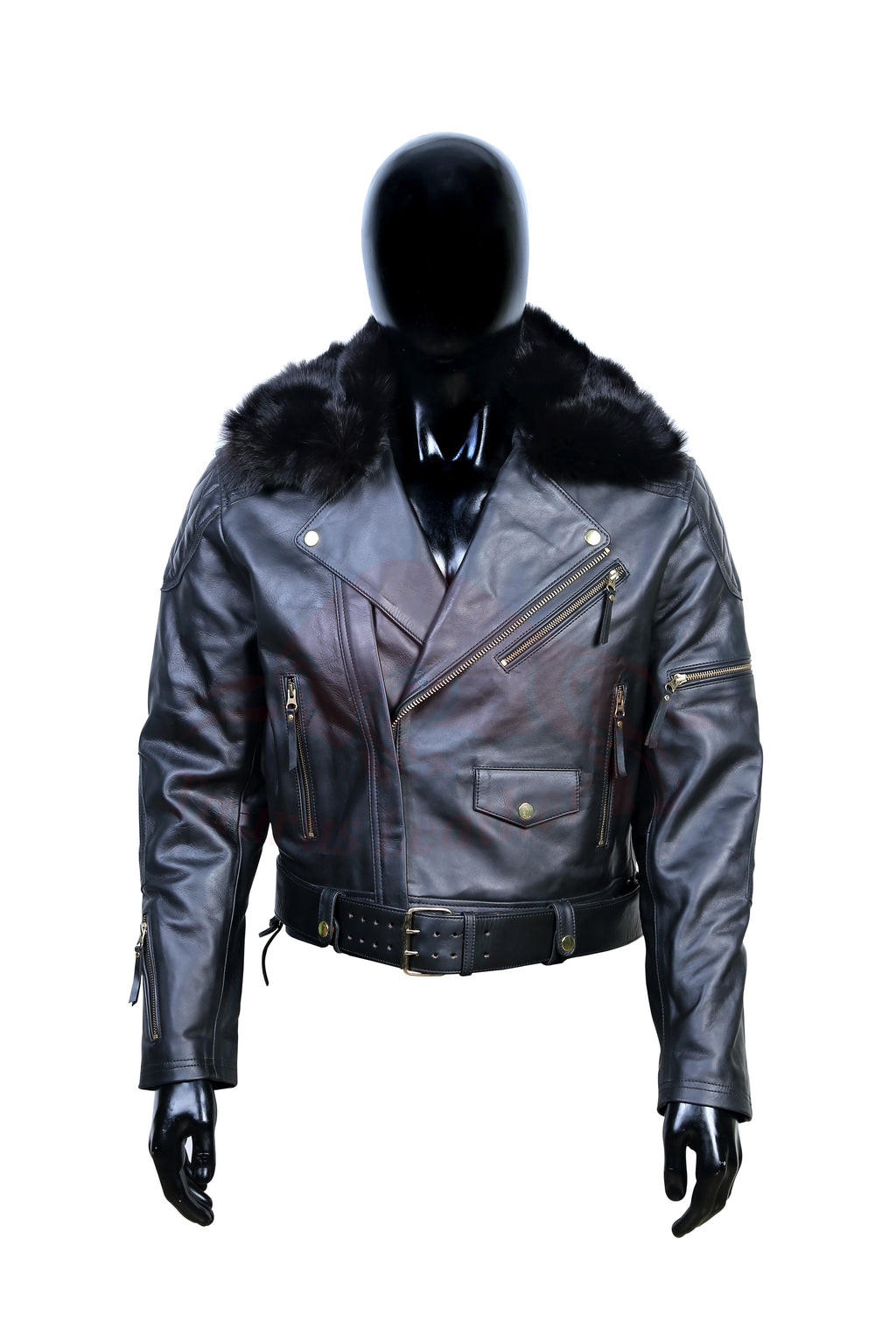 Minimalist & Elegant TAURUS LEATHER Signature Quilted Jacket in Black Cowhide | Fox Fur & Gold Detailing