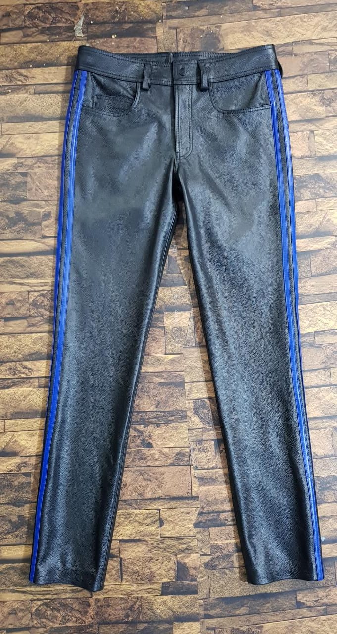 Taurus Leather Cow Leather Black Pants with Blue Stripes