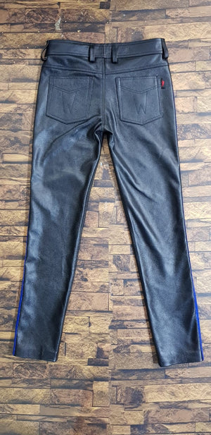 Taurus Leather Cow Leather Black Pants with Blue Stripes