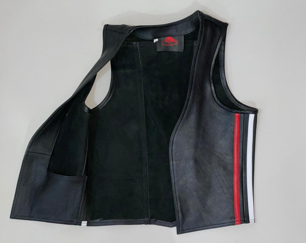 Taurus Leather Bull Run Vest – Black Cowhide with Red & White Straps