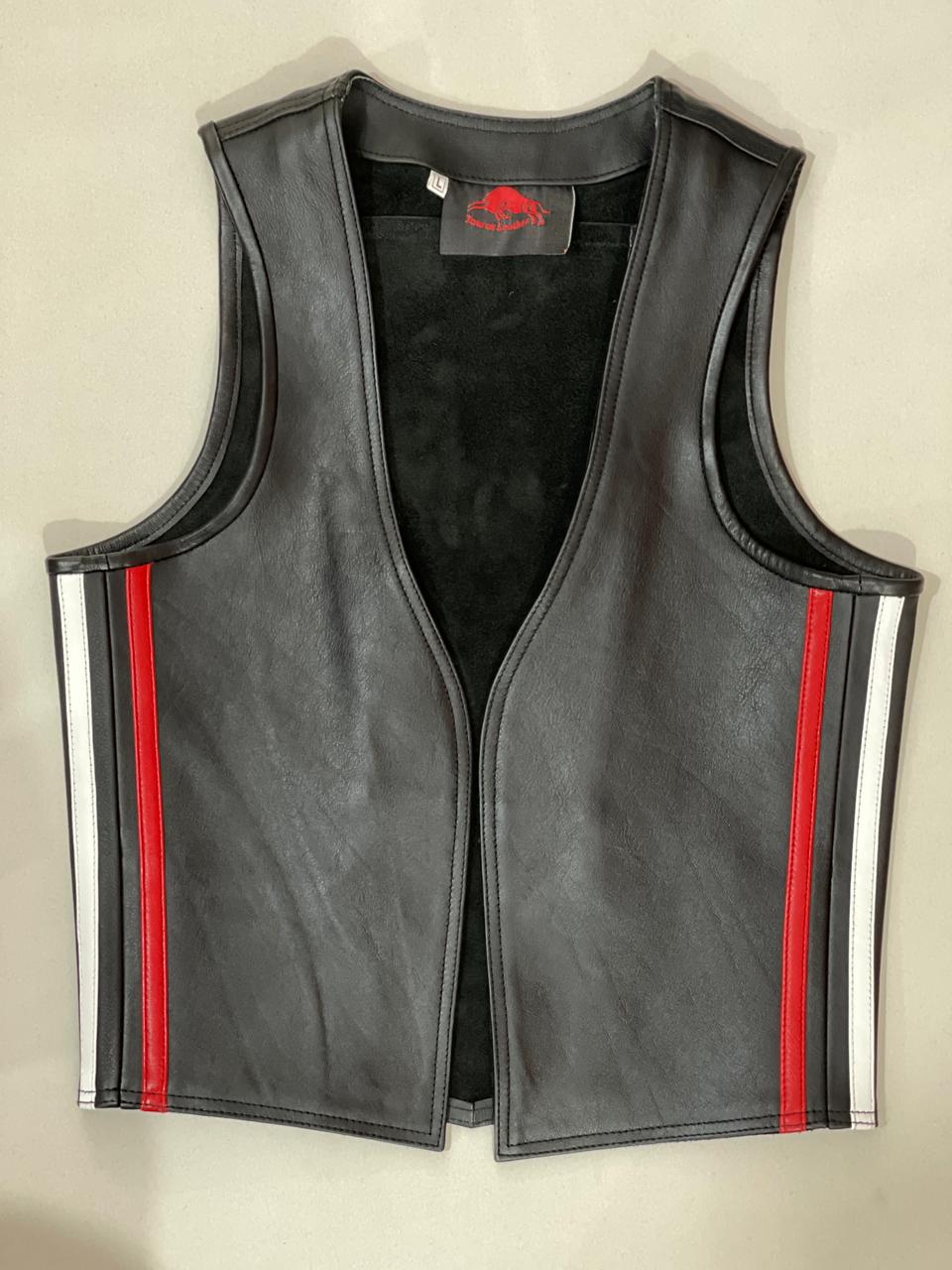 Taurus Leather Bull Run Vest – Black Cowhide with Red & White Straps