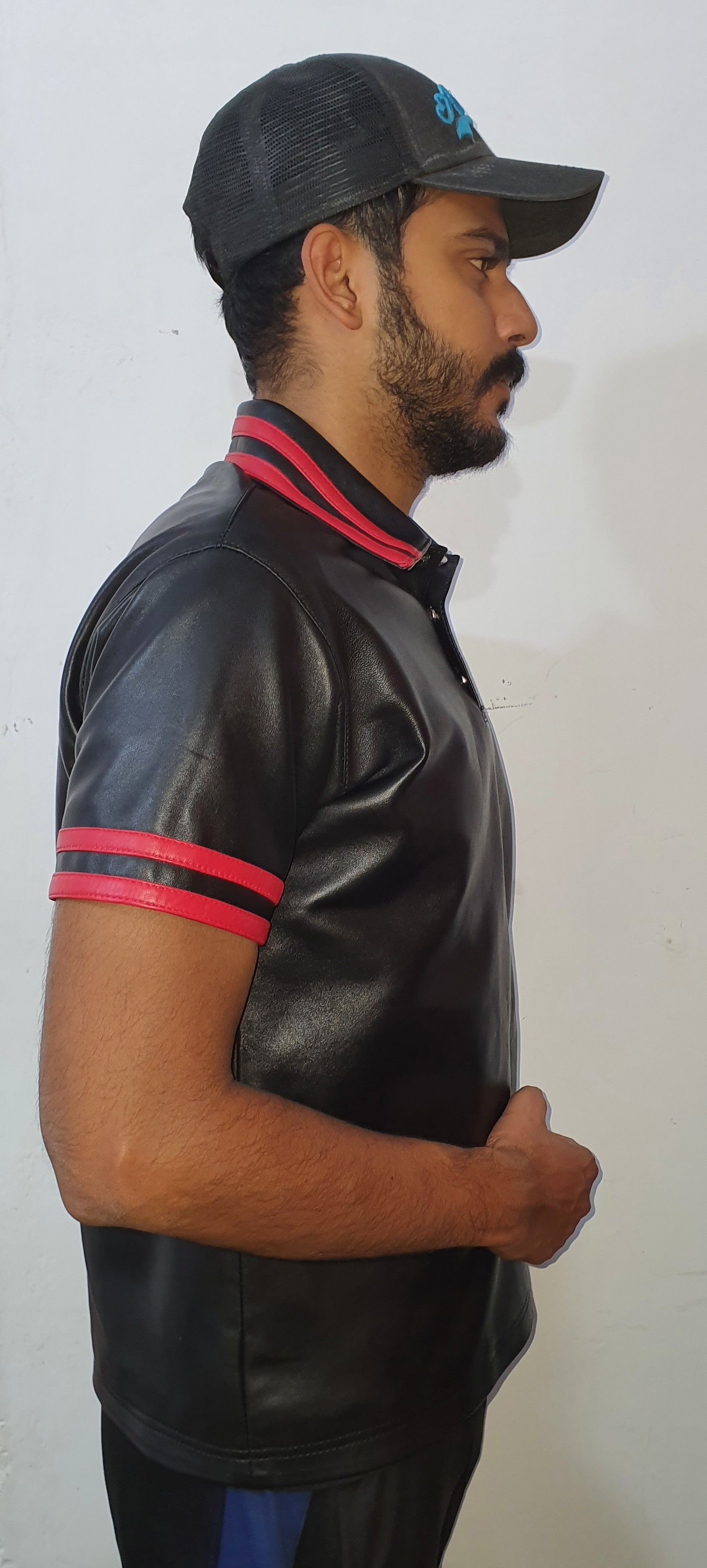 Taurus Leather Black Polo Shirt With Red Stripe