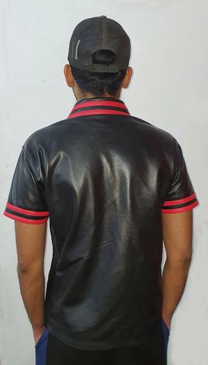 Taurus Leather Black Polo Shirt With Red Stripe