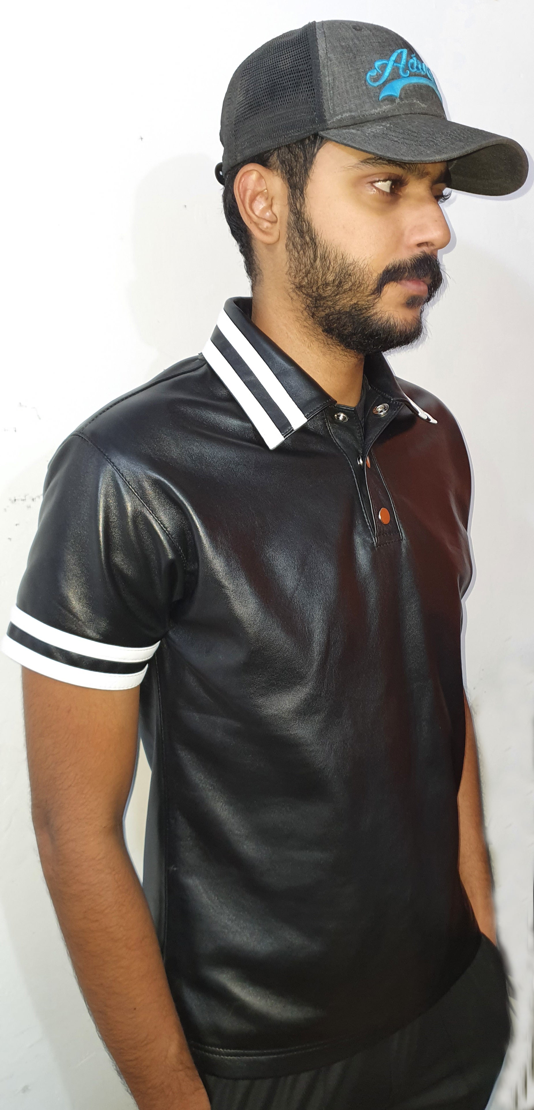 Taurus Leather black Polo shirt white Stripe