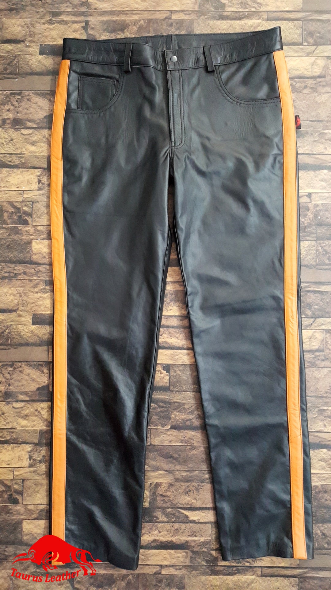 TAURUS LEATHER 501 Cow Leather Pant With Orange Stripes On Both Out Seam