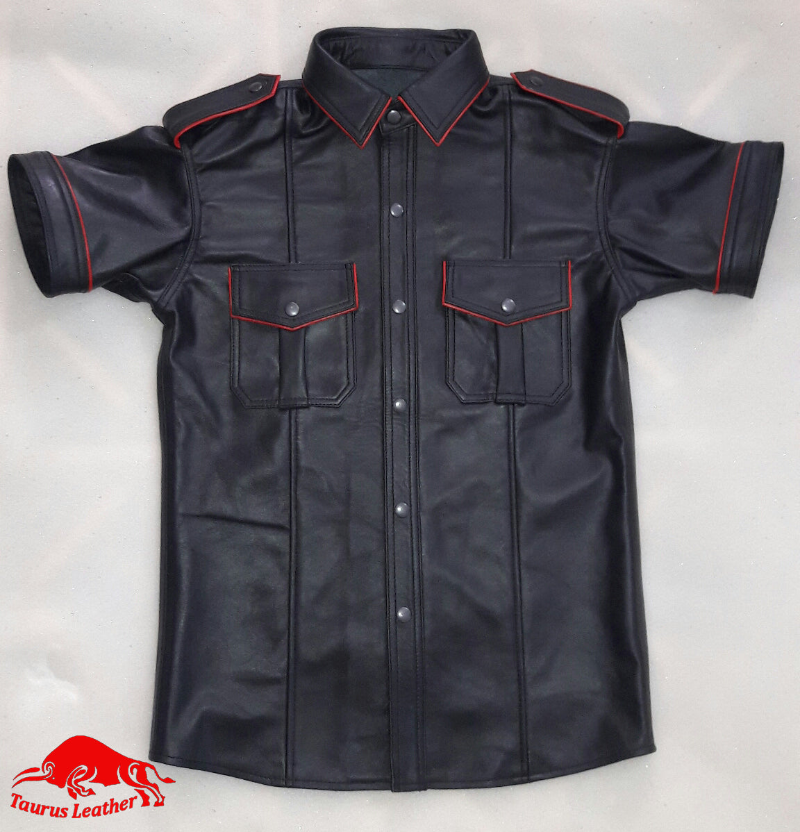 TAURUS LEATHER Black Sheep Leather Shirt With Red Trimming