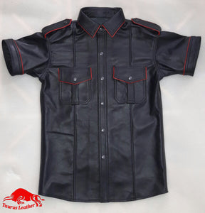 TAURUS LEATHER Black Sheep Leather Shirt With Red Trimming