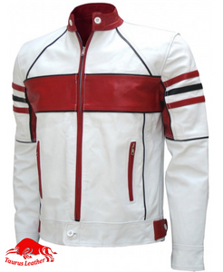 White sheep leather jacket with red contrast