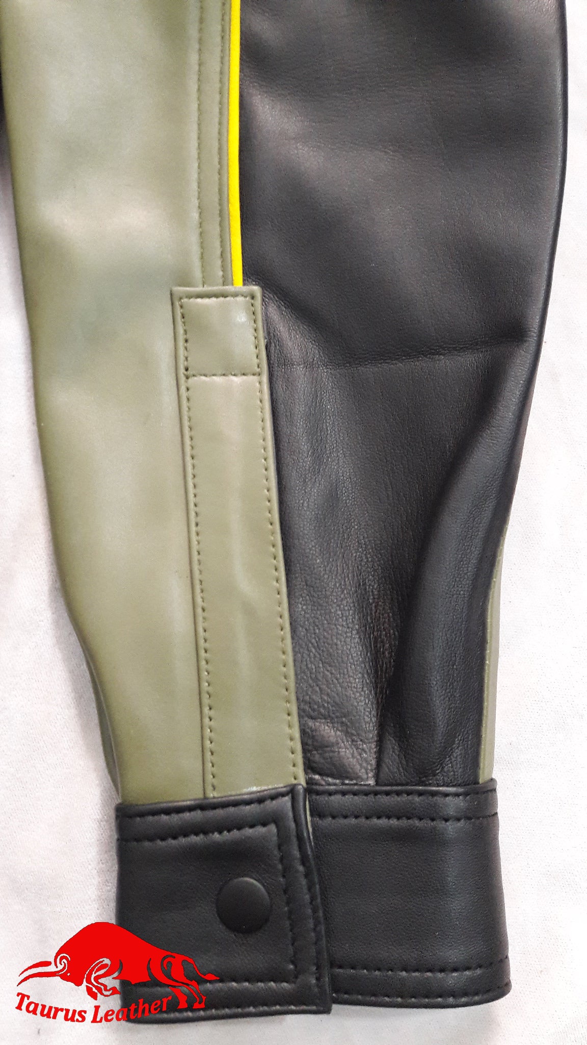 TAURUS LEATHER Sheep Leather Shirt Black And Green With Yellow Trimming