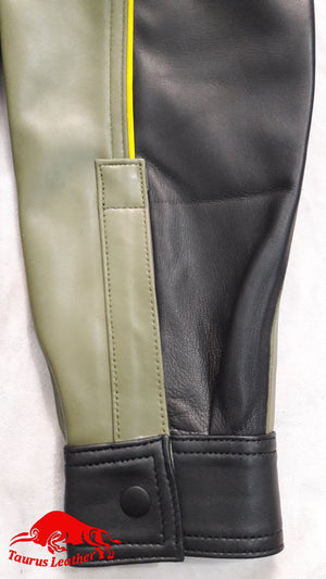 TAURUS LEATHER Sheep Leather Shirt Black And Green With Yellow Trimming
