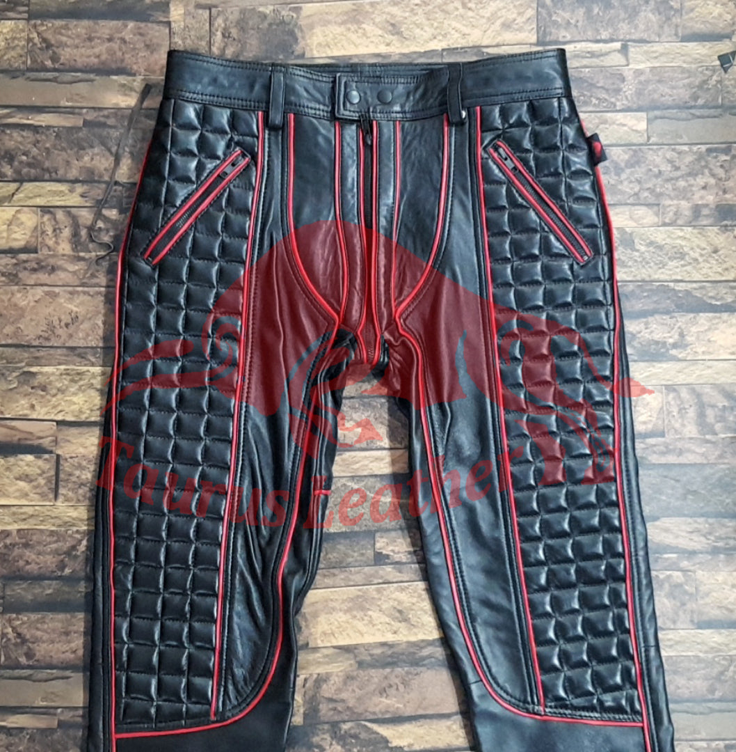 TAURUS LEATHER Sheep Leather Quilted Design Pant With Red Trimming