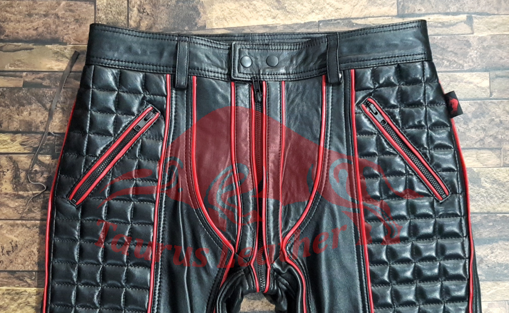 TAURUS LEATHER Sheep Leather Quilted Design Pant With Red Trimming