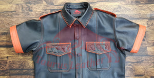 TAURUS LEATHER Black Sheep Leather Shirt With Orange Contrast and Stitching