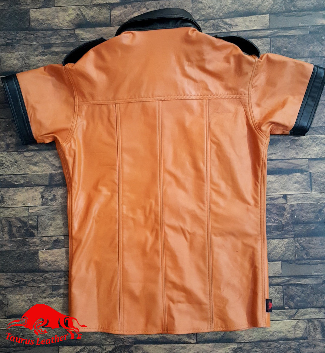 TAURUS LEATHER Orange Sheep Leather Shirt With Black Contrast