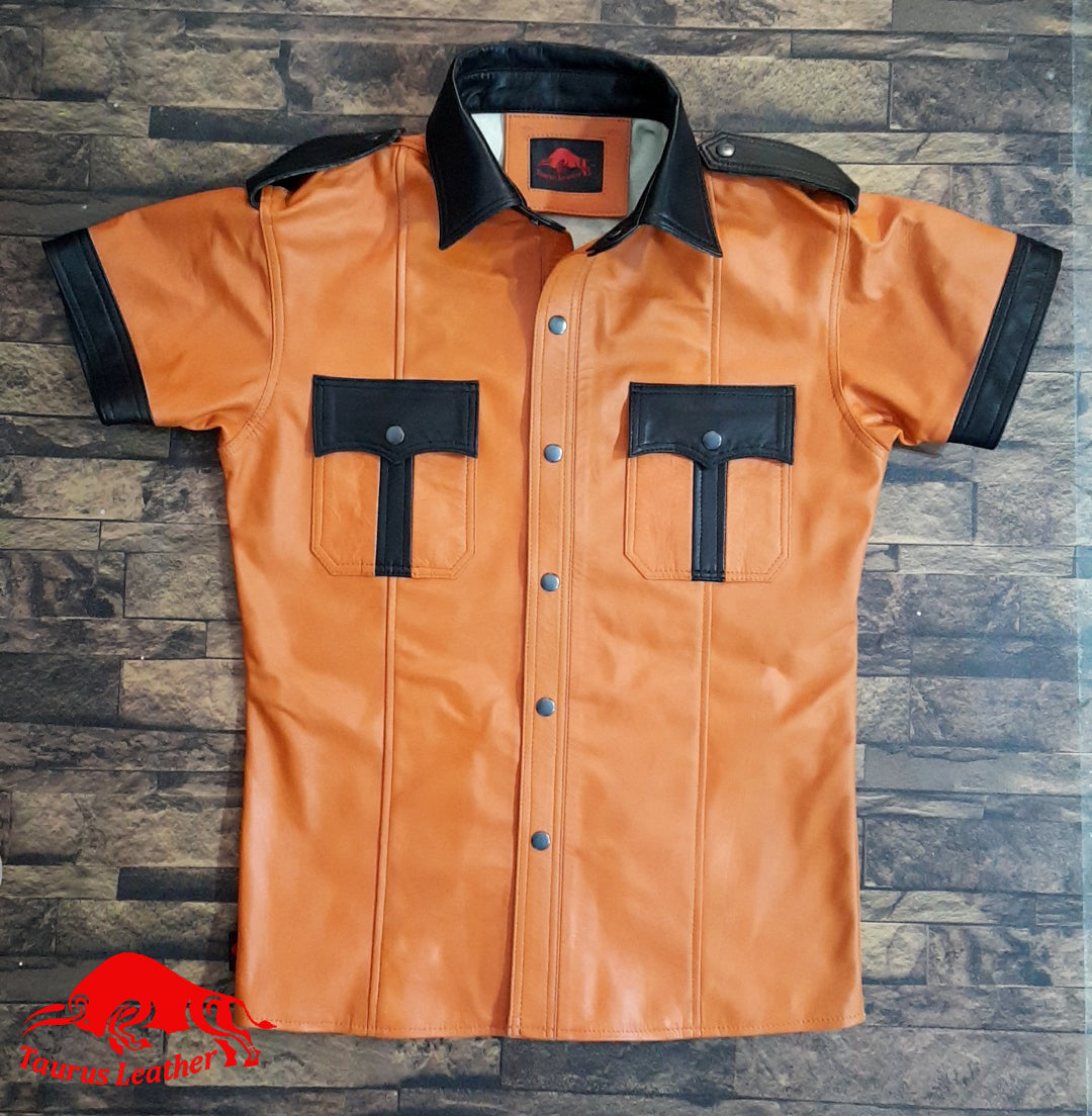 TAURUS LEATHER Orange Sheep Leather Shirt With Black Contrast