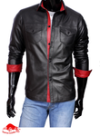 TAURUS LEATHER Full Sleeves Black Sheep Leather Shirt With Red Contrast