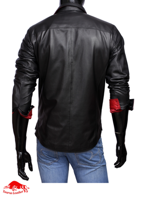 TAURUS LEATHER Full Sleeves Black Sheep Leather Shirt With Red Contrast
