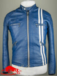 Blue color sheep leather jacket with two white strips on left hand side