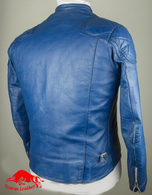 Blue color sheep leather jacket with two white strips on left hand side