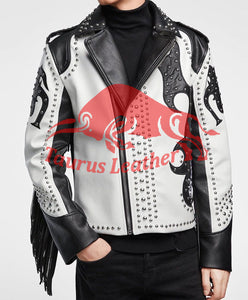 TAURUS LEATHER Black And White Cow Leather Jacket With Silver Studs