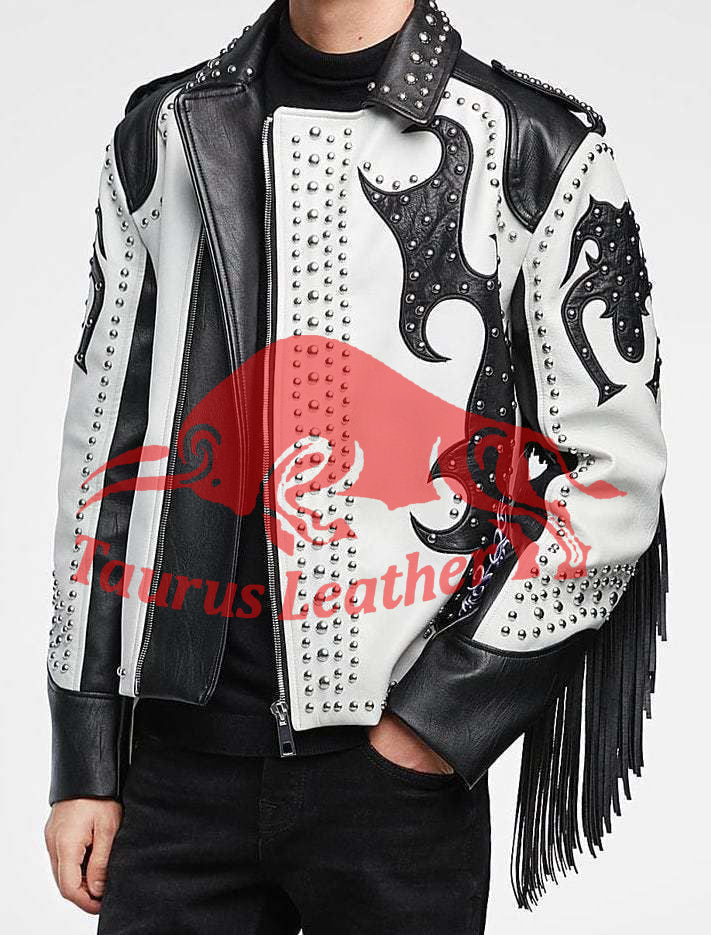 TAURUS LEATHER Black And White Cow Leather Jacket With Silver Studs