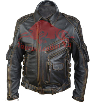 TAURUS LEATHER Cow Leather Biker Style Jacket With Contrast Stitching