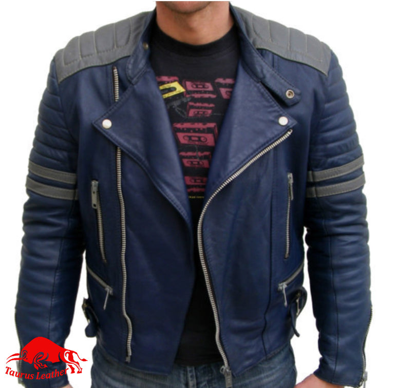TAURUS LEATHER Blue And Grey Cow Leather Jacket