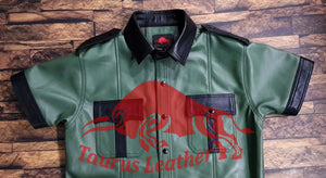 TAURUS LEATHER Parrot Green Sheep Leather Shirt With Black Contrast