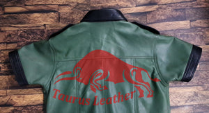TAURUS LEATHER Parrot Green Sheep Leather Shirt With Black Contrast