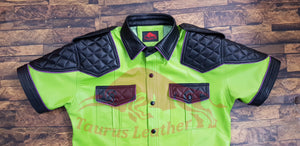 TAURUS LEATHER Lime Green Sheep Leather Shirt With Black Quilted Contrast