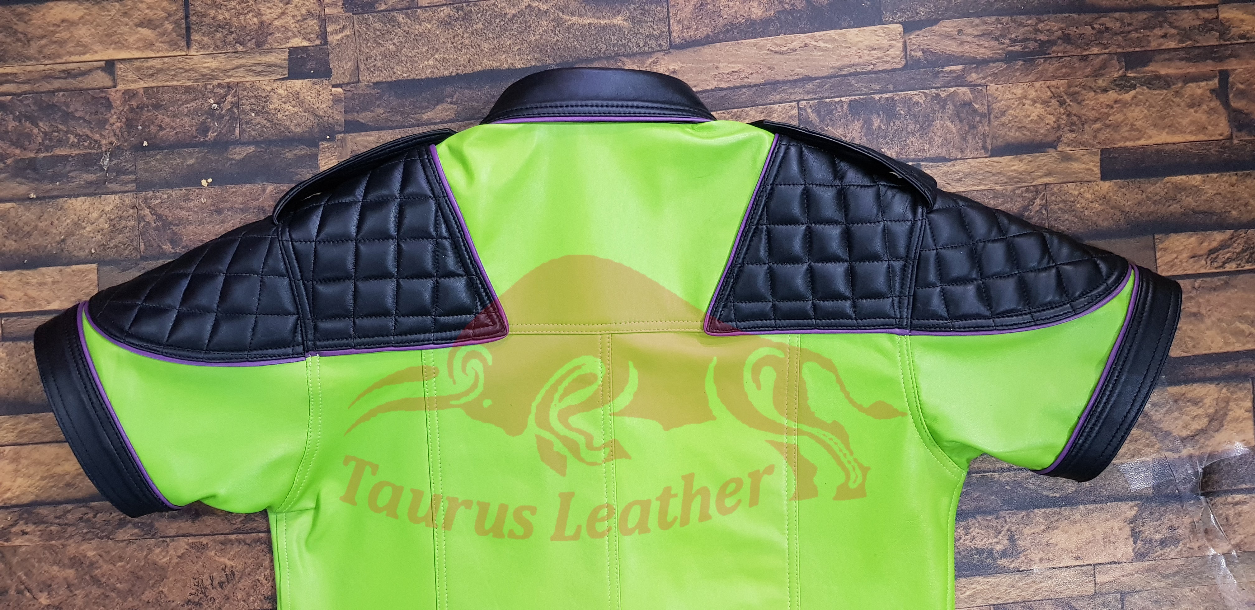 TAURUS LEATHER Lime Green Sheep Leather Shirt With Black Contrast And Purple Trimming