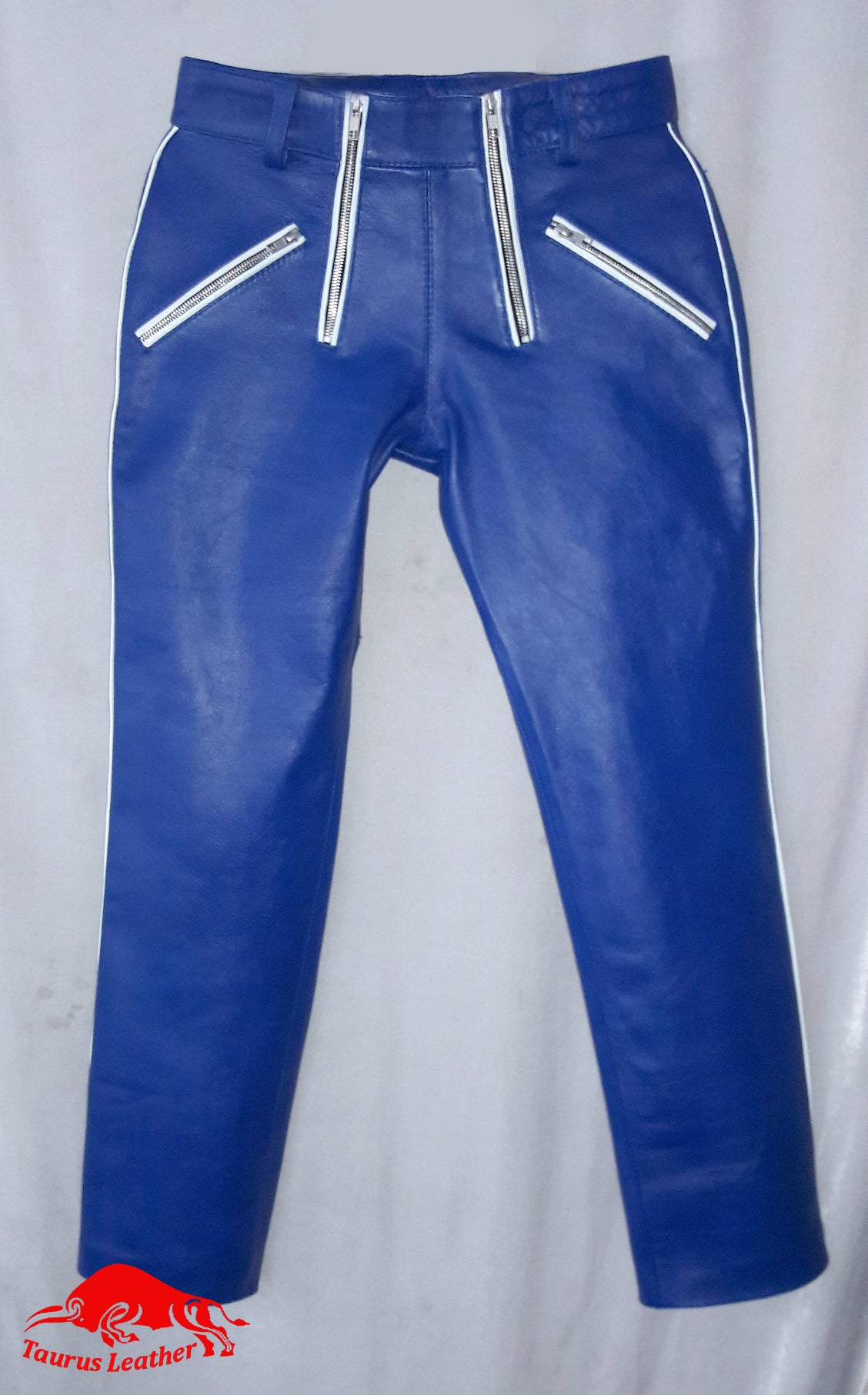 TAURUS LEATHER Navy Blue Sheep Leather Pant With White Trimming