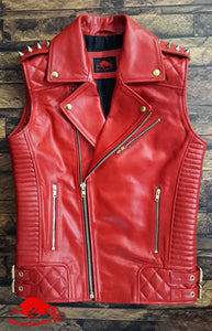 TAURUS LEATHER Red Cow Leather Sleeves less Biker Style Jacket