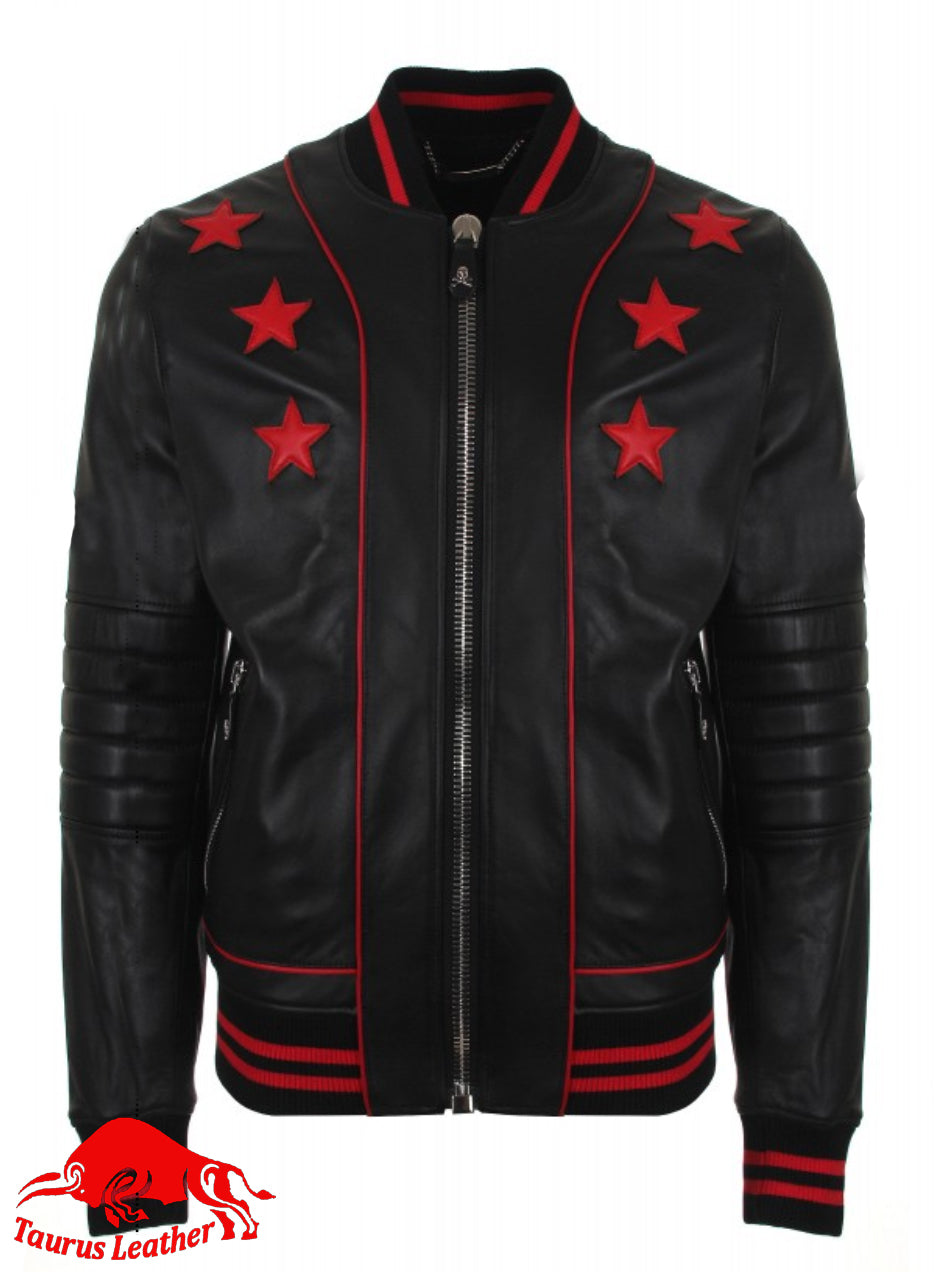 Black sheep leather jacket with red trimming and star