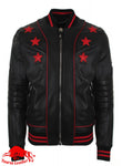 Black sheep leather jacket with red trimming and star